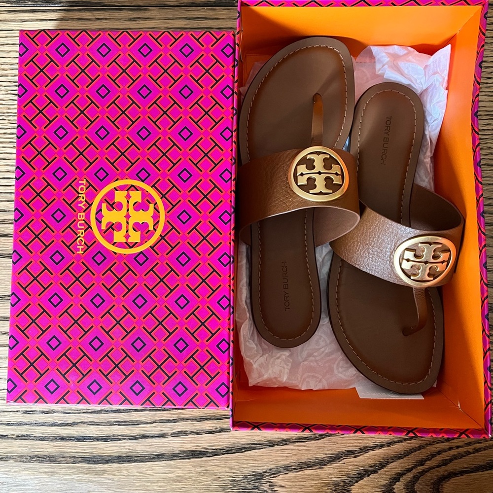 TORY Burch benton band flat sandals calf leather - royal tan and brass size 8